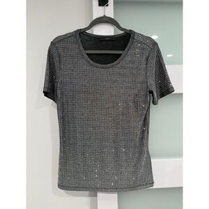Oui Metallic Glitter T-Shirt Black Silver Sparkle Short Sleeve Top 90687 US 8